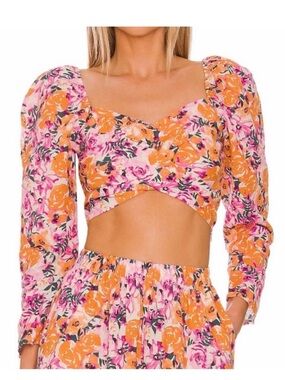 Something Navy Orange & Pink Floral Wrap Crop Top